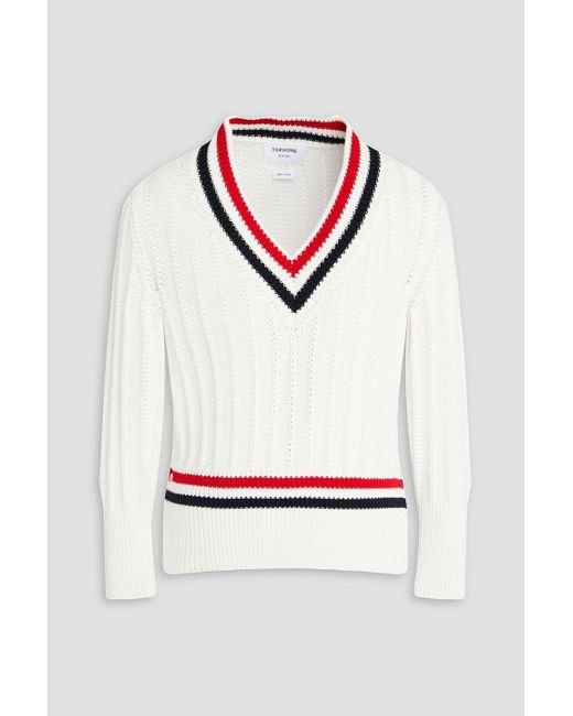 Thom Browne White Ribbed Striped Cotton Sweater for men
