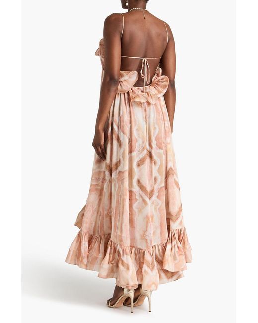 Zimmermann Pink Ruffled Printed Silk-Satin Midi Dress