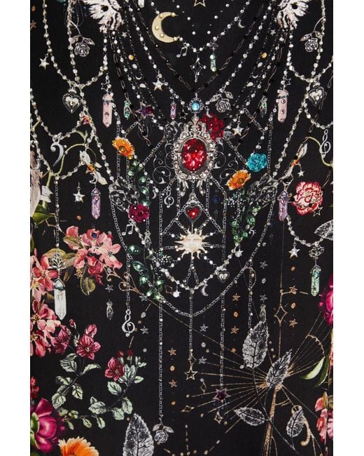 Camilla Black Kaftan aus crêpe de chine aus seide mit floralem print und kristallverzierung