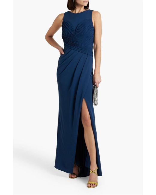 Badgley Mischka Blue Pleated Crepe Gown