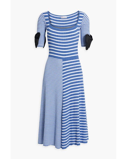 RED Valentino Blue Striped Ribbed And Pointelle-Knit Cotton Midi Dress