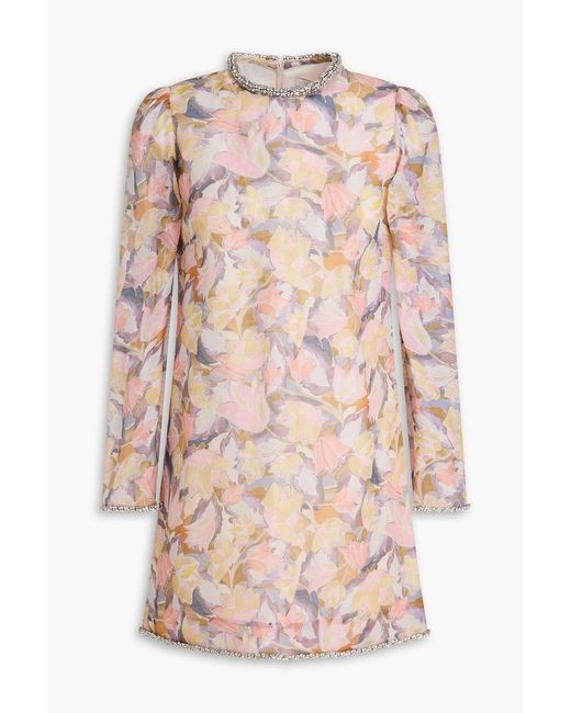 Zimmermann Pink Crystal-Embellished Printed Linen And Silk-Blend Mini Dress