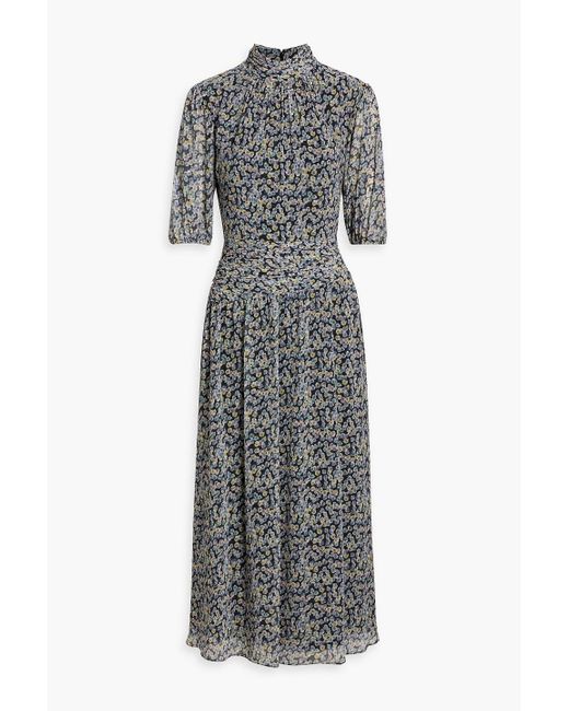 Mikael Aghal Gray Gathered Floral-Print Chiffon Midi Dress