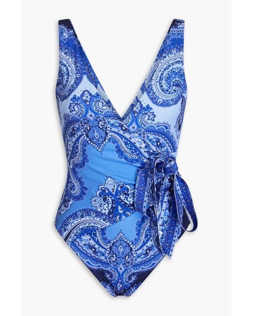 Zimmermann Blue Wrap-effect Paisley-print Swimsuit