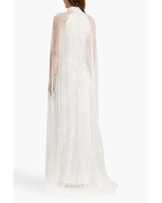 Jenny Packham White Cairo Cape-Effect Embellished Tulle Gown
