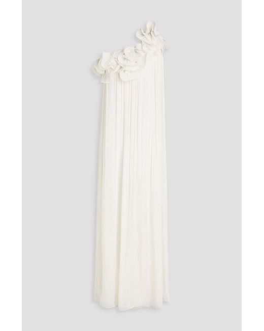 Costarellos White Charmain One-Shoulder Floral-Appliquéd Georgette Gown