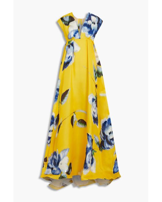 Carolina Herrera Yellow Sequin-embellished Floral-print Silk-organza Gown