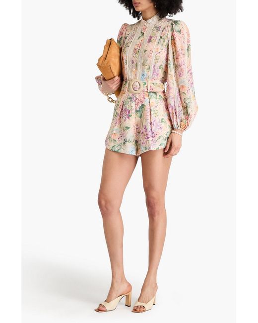 Zimmermann Pink Belted Floral-Print Linen Shorts
