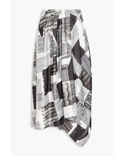 High White Draped Printed Satin Midi Skirt