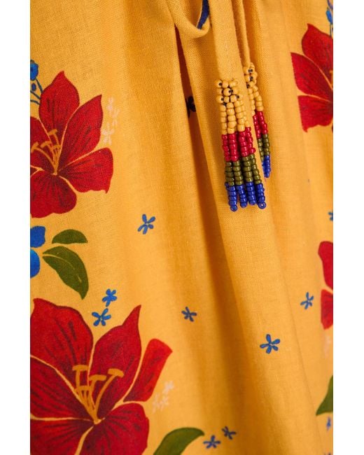 Farm Rio Orange Bead-embellished Floral-print Linen-blend Maxi Dress