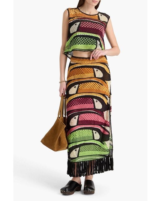 Farm Rio Green Fringed Crochet-knit Maxi Skirt