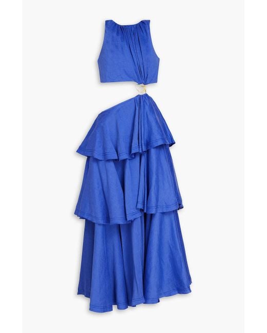 Aje. Blue Embellished Tiered Cutout Linen-blend Midi Dress