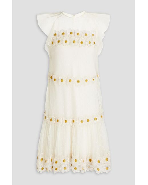 RED Valentino Natural Organza-trimmed Embroidered Tulle Mini Dress