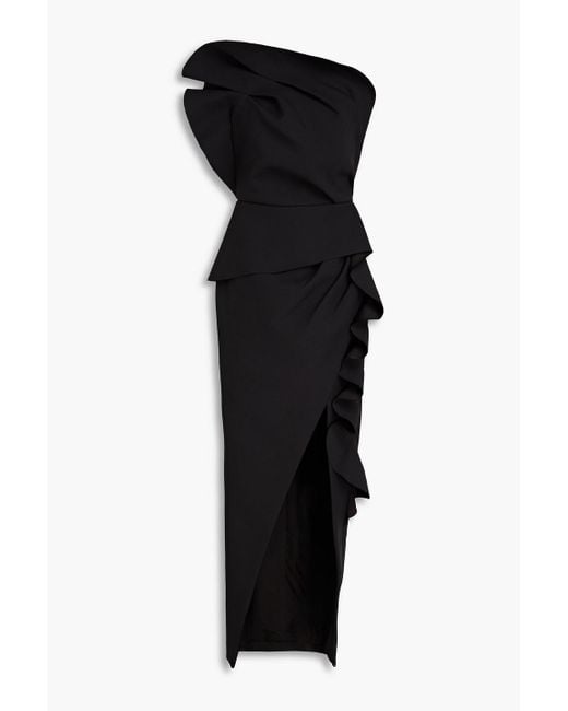 Rachel Gilbert Black Aurora One-shoulder Wrap-effect Ruffled Scuba Gown