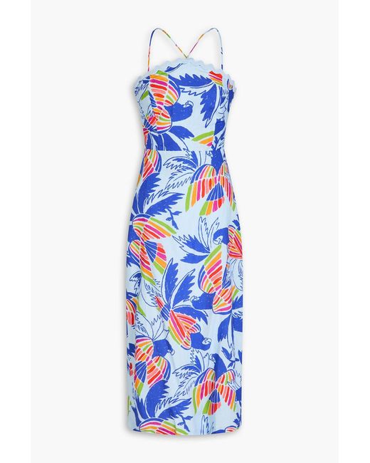 Farm Rio Blue Bead-embellished Printed Linen-blend Midi Dress