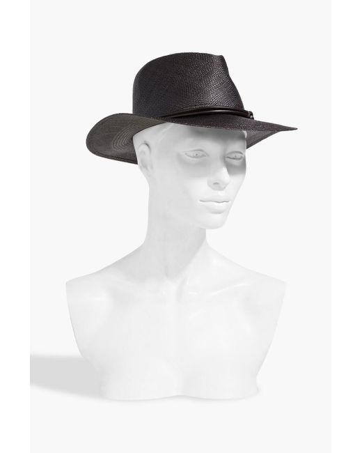Brunello Cucinelli Black Fedora aus stroh mit zierperlen und lederbesatz