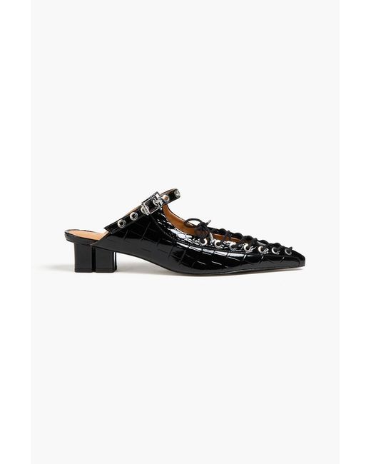 Ganni Black Lace-Up Glossed Croc-Effect Mules