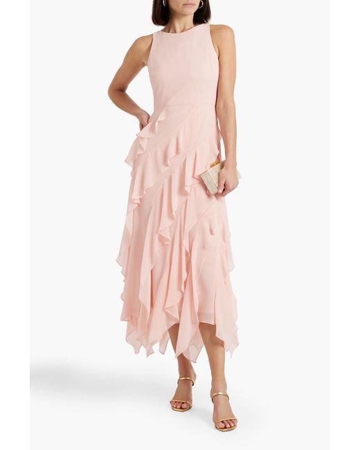 Badgley Mischka Pink Ruffled Chiffon Midi Dress