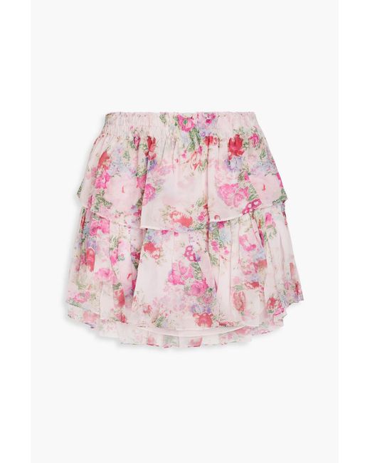 LoveShackFancy Pink Tiered Floral-print Georgette Mini Skirt