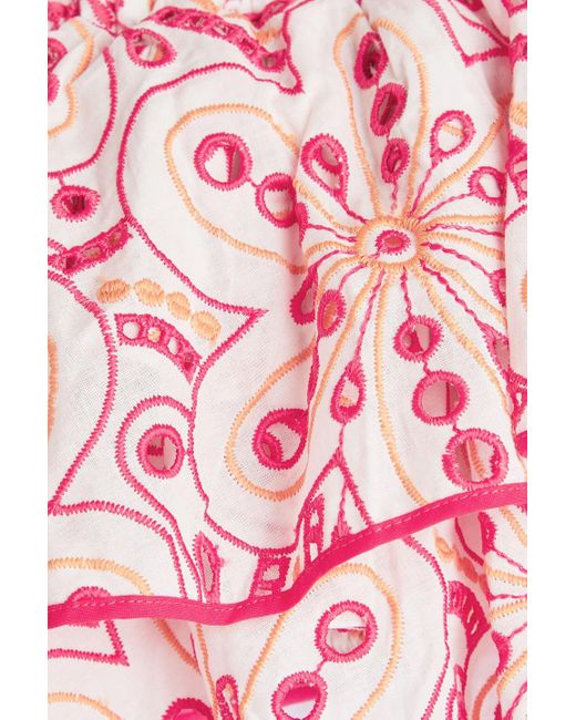 Charo Ruiz Pink Flamingo Cropped One-Shoulder Ruffled Broderie Anglaise Cotton-Blend Top