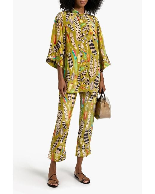 Farm Rio Yellow Cropped Printed Satin Straight-Leg Pants