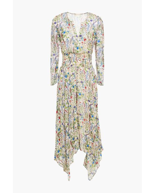 Maje White Asymmetric Metallic Fil Coupé Floral-print Chiffon Midi Dress