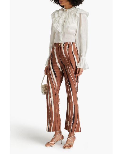 Aje. Brown Aurelie Printed Linen-blend Flared Pants