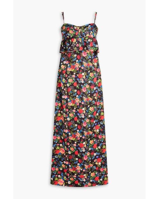 Kika Vargas White Scarlet Ruffled Floral-print Satin Maxi Dress