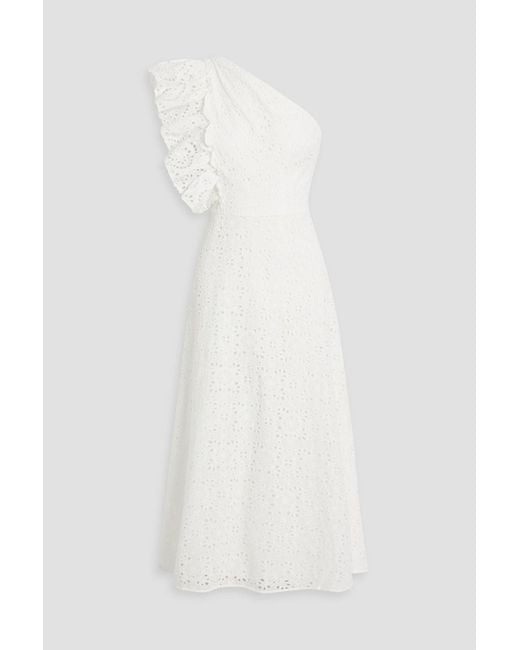 Mikael Aghal White One-shoulder Ruffled Broderie Anglaise Cotton Midi Dress