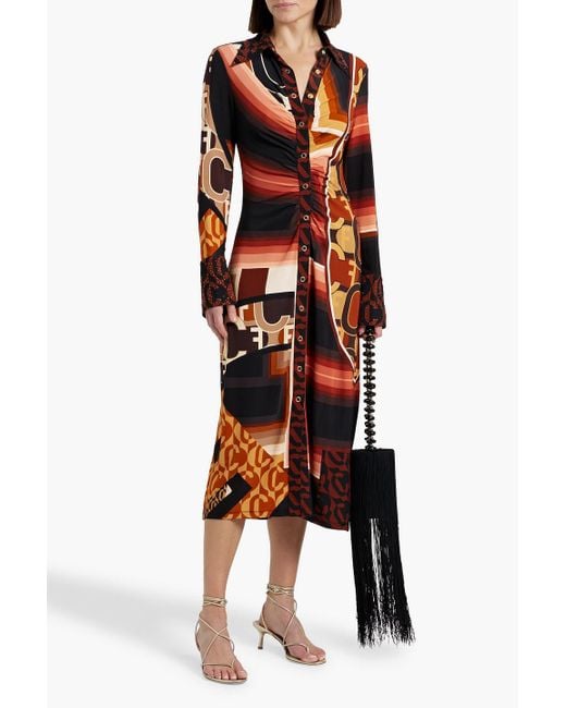 Camilla Red Crystal-Embellished Printed Stretch-Jersey Midi Shirt Dress