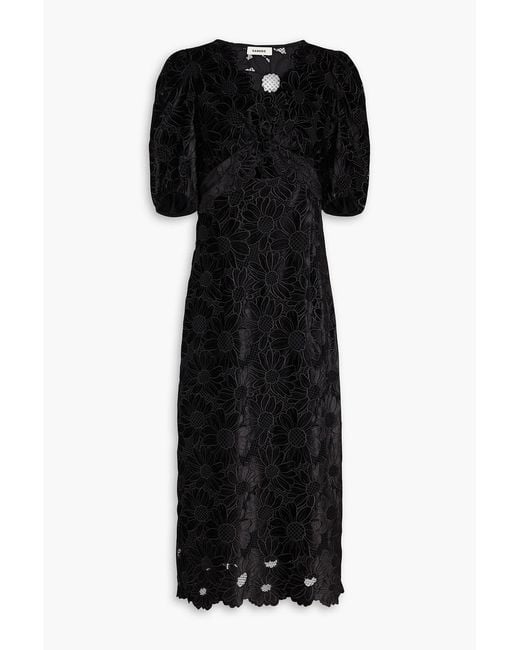Sandro Black Cutout Guipure Lace And Velvet Midi Dress
