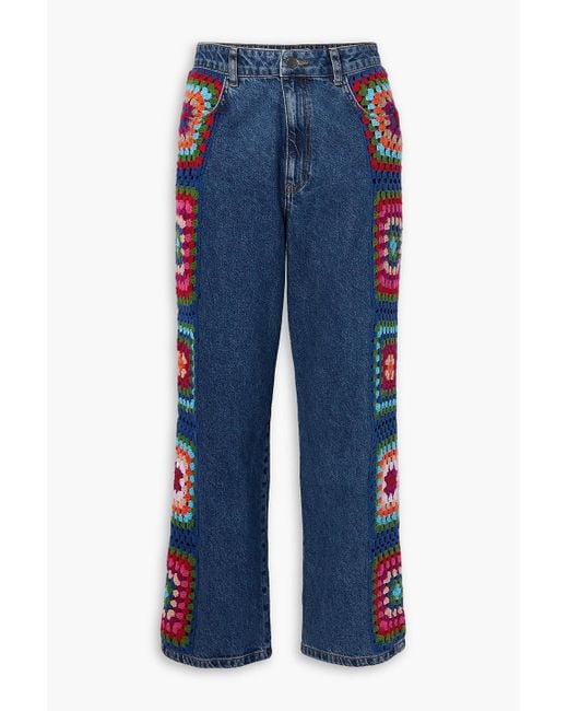 Farm Rio Blue Crochet-trimmed High-rise Straight-leg Jeans