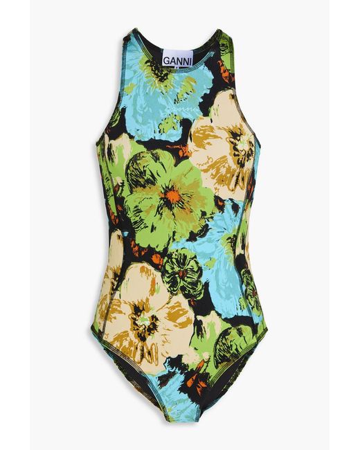 Ganni Green Floral-print Satin-jersey Bodysuit
