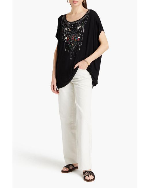 Camilla Black Crystal-embellished Printed Stretch Modal-blend Jersey Top