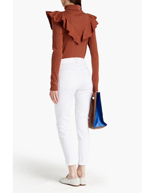 Veronica Beard Brown Avalon Poplin-Trimmed Pima Cotton-Blend Turtleneck Top