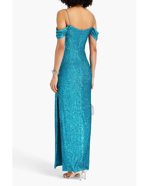 Rebecca Vallance Blue Missing Hours Cold-shoulder Sequined Mesh Gown