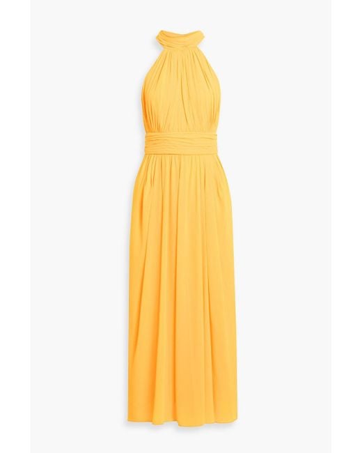 Badgley Mischka Yellow Draped Cutout Chiffon Maxi Dress