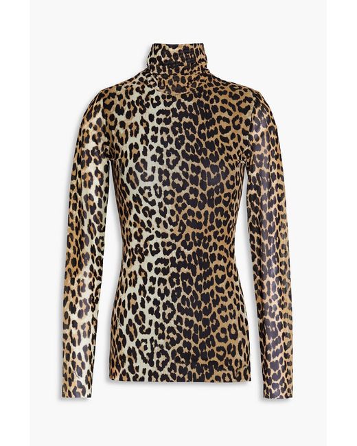 Ganni Brown Snake-print Stretch-mesh Turtleneck Top