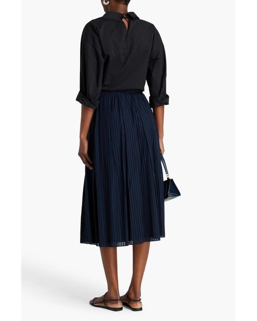 Theory Blue Pleated Striped Cotton-Voile Midi Skirt