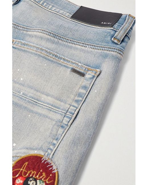 Amiri Blue Skinny-Fit Appliquéd Distressed Paint-Splattered Jeans for men