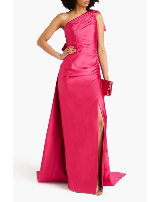 Rachel Gilbert Pink Marta One-shoulder Bow-detailed Satin Gown