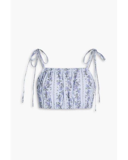 LoveShackFancy Blue Simpson Cropped Floral-print Crepe Top