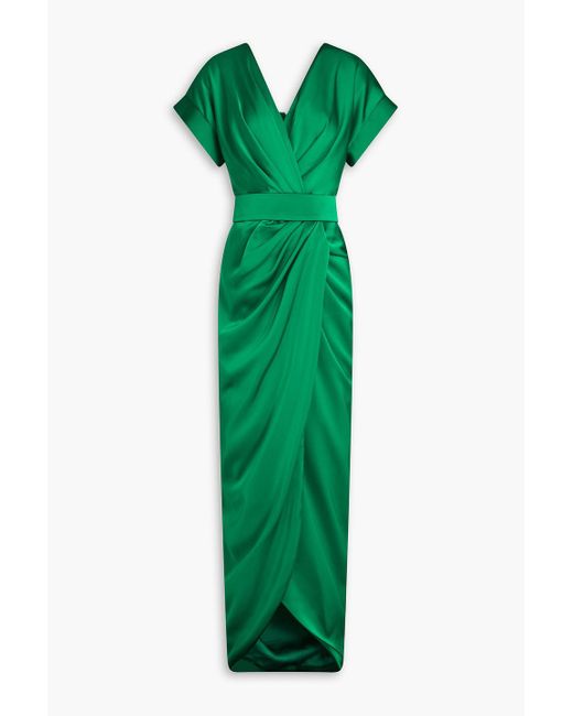Rhea Costa Green Jaya Belted Draped Satin Maxi Dress