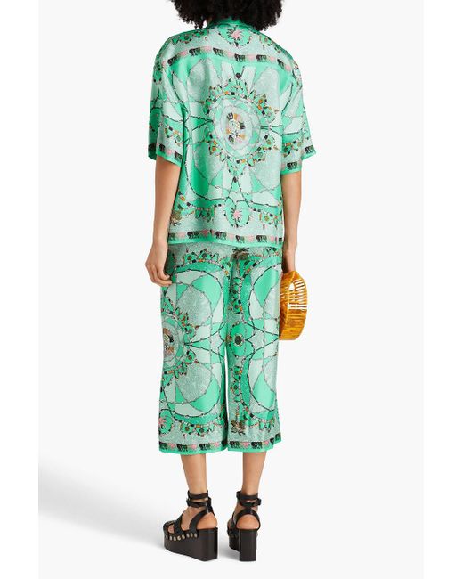 Emilio Pucci Green Cropped Printed Silk-twill Wide-leg Pants