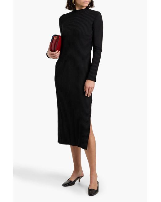 Vince Black Ribbed Cotton-Blend Midi Dress