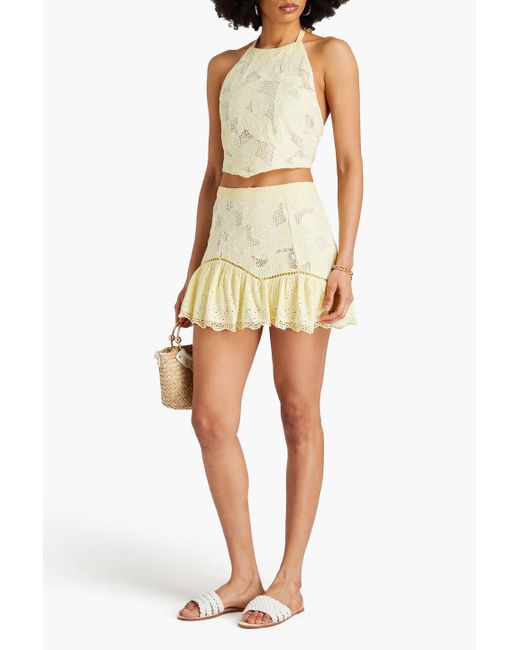 LoveShackFancy White Omi Cropped Broderie Anglaise-paneled Macramé Lace Halterneck Top