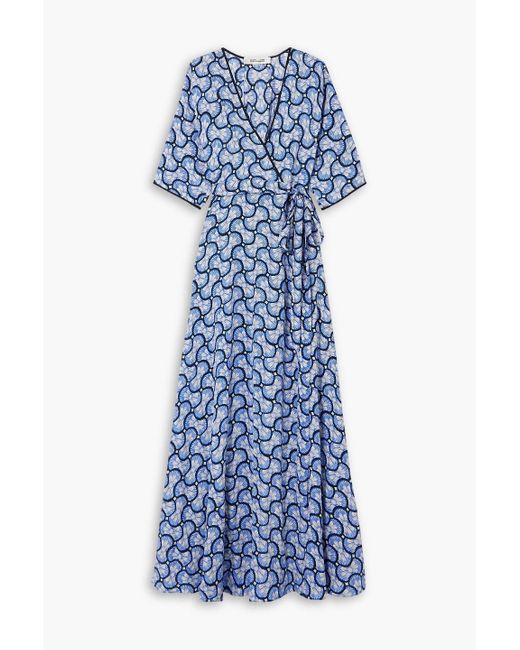 Diane von Furstenberg Blue Eloise Printed Crepe Maxi Wrap Dress