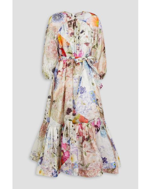 Zimmermann Gathered Floral Print Linen And Silk Blend Midi Dress In White Lyst Canada