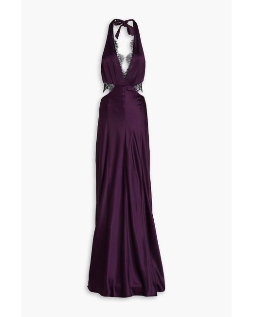 Nicholas Purple Kylie Cutout Lace-trimmed Satin Halterneck Gown