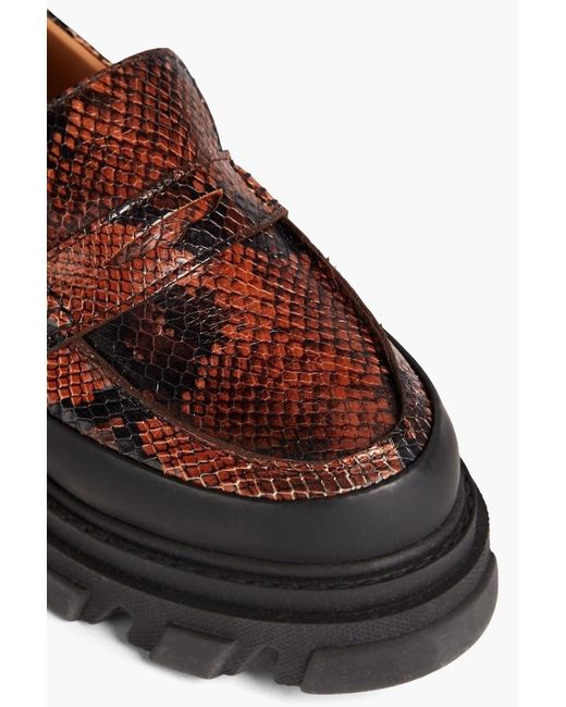 Ganni Black Snake-effect Leather Platform Loafers